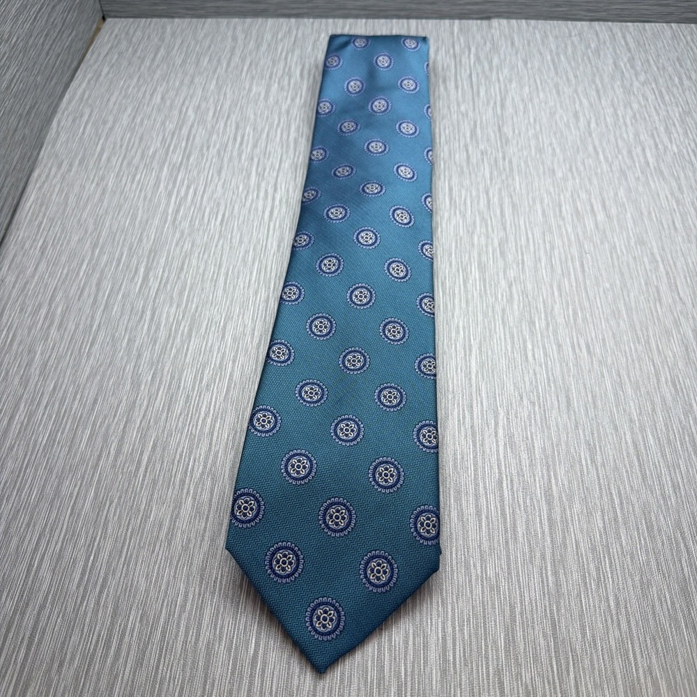 Turnbury Men's Blue Geometric Pattern Silk Blend Necktie Classic Tie